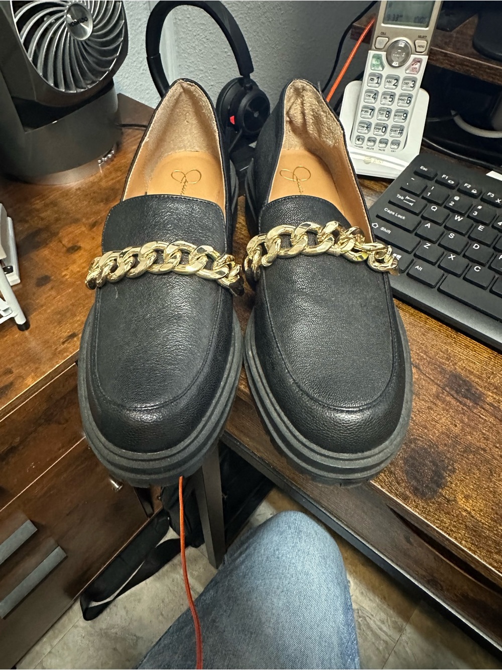 Jessica Simpson Black Loafers with Gold Chain Detail